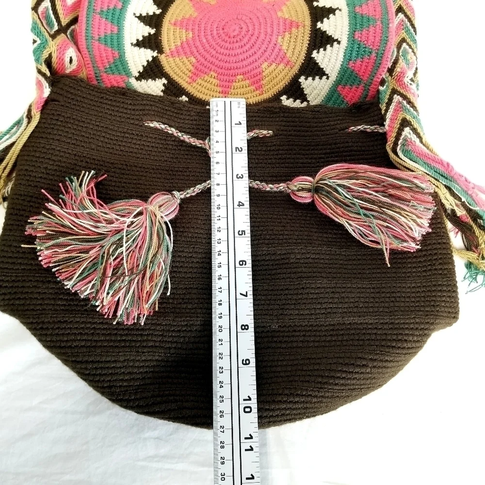 Handmade Crochet Colorful Bohemian Crossbody Shoulder Bucket Bag With Flap Cover - Picture 11 of 12